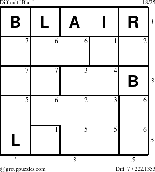 The grouppuzzles.com Difficult Blair puzzle for , suitable for printing, with all 7 steps marked