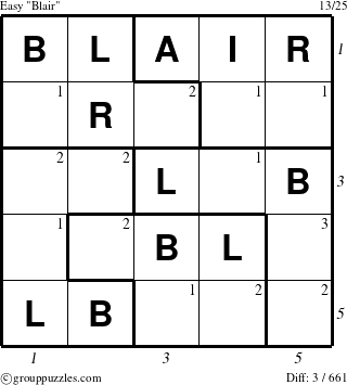 The grouppuzzles.com Easy Blair puzzle for , suitable for printing, with all 3 steps marked