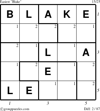 The grouppuzzles.com Easiest Blake puzzle for , suitable for printing, with all 2 steps marked