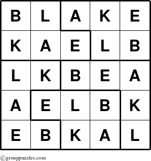 The grouppuzzles.com Answer grid for the Blake puzzle for 