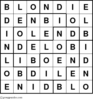 The grouppuzzles.com Answer grid for the Blondie puzzle for 