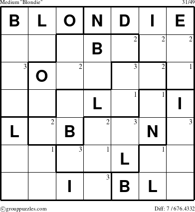 The grouppuzzles.com Medium Blondie puzzle for  with the first 3 steps marked