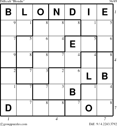 The grouppuzzles.com Difficult Blondie puzzle for , suitable for printing, with all 9 steps marked