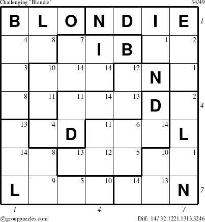 The grouppuzzles.com Challenging Blondie puzzle for , suitable for printing, with all 14 steps marked