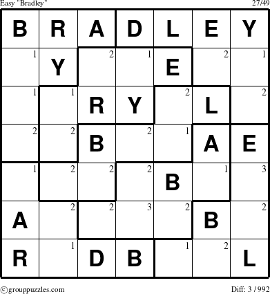 The grouppuzzles.com Easy Bradley puzzle for  with the first 3 steps marked