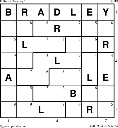 The grouppuzzles.com Difficult Bradley puzzle for  with all 9 steps marked