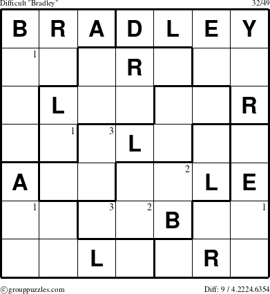 The grouppuzzles.com Difficult Bradley puzzle for  with the first 3 steps marked