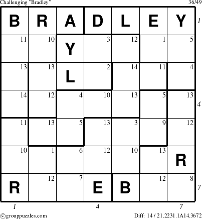 The grouppuzzles.com Challenging Bradley puzzle for , suitable for printing, with all 14 steps marked