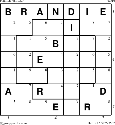 The grouppuzzles.com Difficult Brandie puzzle for , suitable for printing, with all 9 steps marked