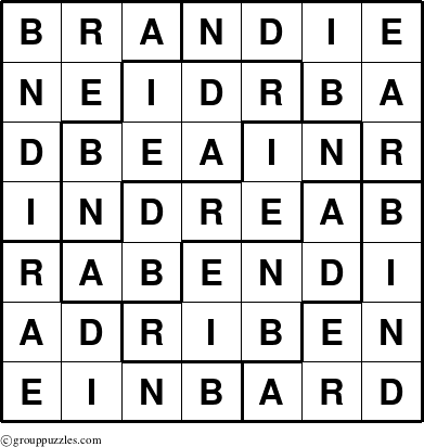 The grouppuzzles.com Answer grid for the Brandie puzzle for 