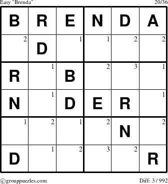 The grouppuzzles.com Easy Brenda puzzle for  with the first 3 steps marked