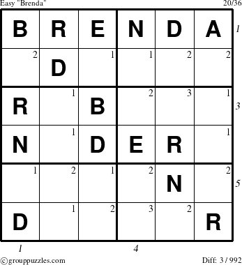 The grouppuzzles.com Easy Brenda puzzle for  with all 3 steps marked