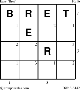 The grouppuzzles.com Easy Bret puzzle for , suitable for printing, with all 3 steps marked