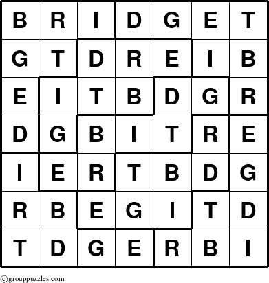 The grouppuzzles.com Answer grid for the Bridget puzzle for 