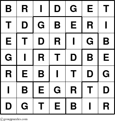 The grouppuzzles.com Answer grid for the Bridget puzzle for 