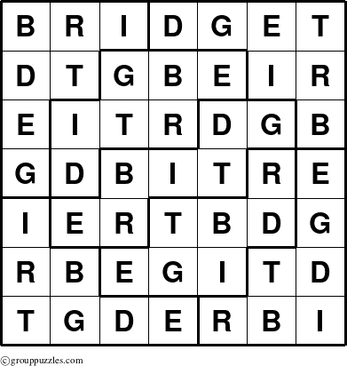 The grouppuzzles.com Answer grid for the Bridget puzzle for 