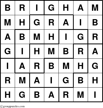 The grouppuzzles.com Answer grid for the Brigham puzzle for 