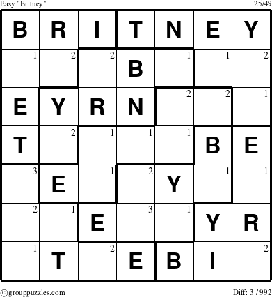 The grouppuzzles.com Easy Britney puzzle for  with the first 3 steps marked