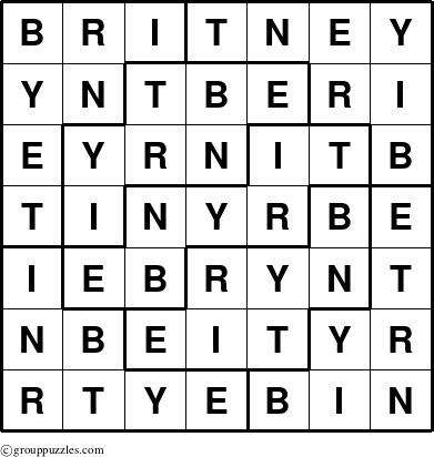 The grouppuzzles.com Answer grid for the Britney puzzle for 