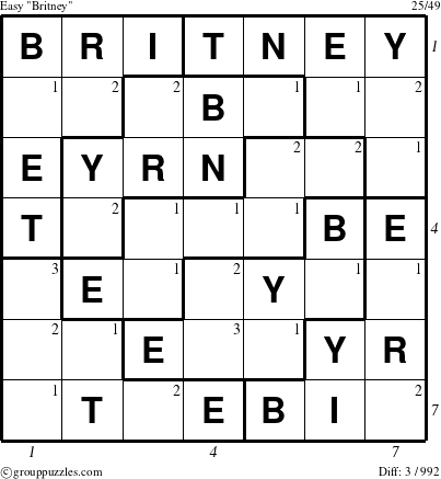 The grouppuzzles.com Easy Britney puzzle for  with all 3 steps marked