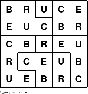 The grouppuzzles.com Answer grid for the Bruce puzzle for 