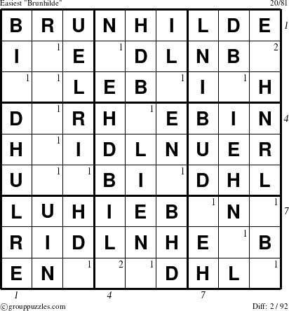 The grouppuzzles.com Easiest Brunhilde puzzle for , suitable for printing, with all 2 steps marked