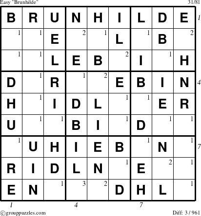 The grouppuzzles.com Easy Brunhilde puzzle for , suitable for printing, with all 3 steps marked