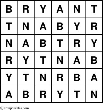 The grouppuzzles.com Answer grid for the Bryant puzzle for 