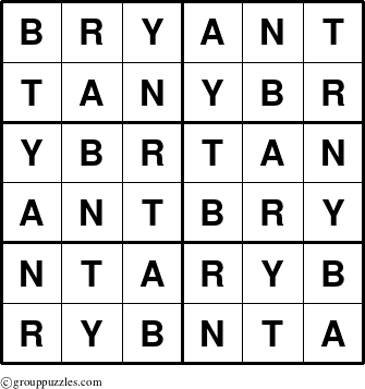 The grouppuzzles.com Answer grid for the Bryant puzzle for 