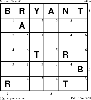 The grouppuzzles.com Medium Bryant puzzle for  with all 6 steps marked