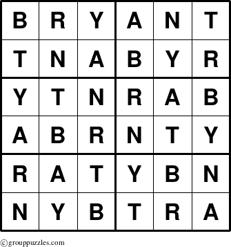 The grouppuzzles.com Answer grid for the Bryant puzzle for 