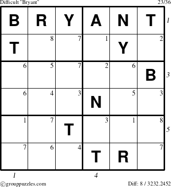 The grouppuzzles.com Difficult Bryant puzzle for , suitable for printing, with all 8 steps marked