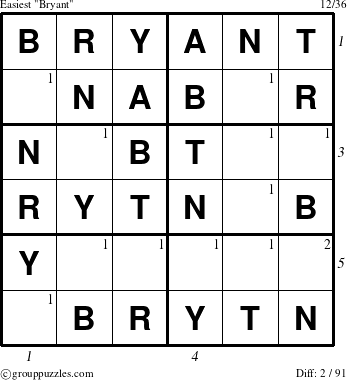 The grouppuzzles.com Easiest Bryant puzzle for , suitable for printing, with all 2 steps marked