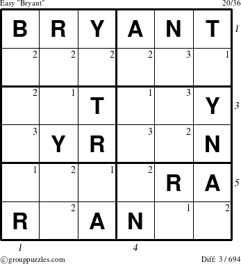 The grouppuzzles.com Easy Bryant puzzle for , suitable for printing, with all 3 steps marked