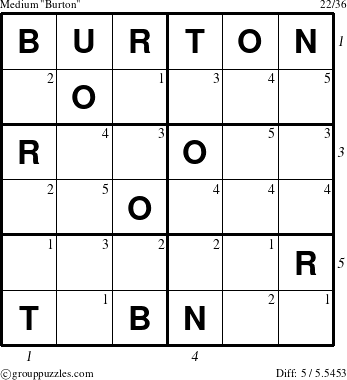 The grouppuzzles.com Medium Burton puzzle for  with all 5 steps marked