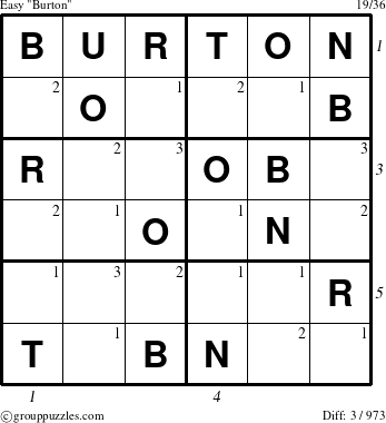 The grouppuzzles.com Easy Burton puzzle for  with all 3 steps marked