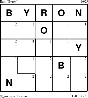 The grouppuzzles.com Easy Byron puzzle for  with the first 3 steps marked