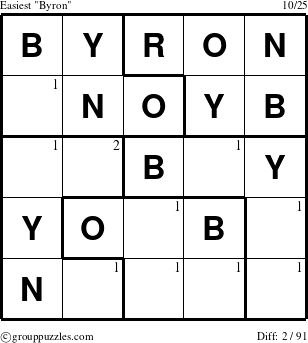 The grouppuzzles.com Easiest Byron puzzle for  with the first 2 steps marked