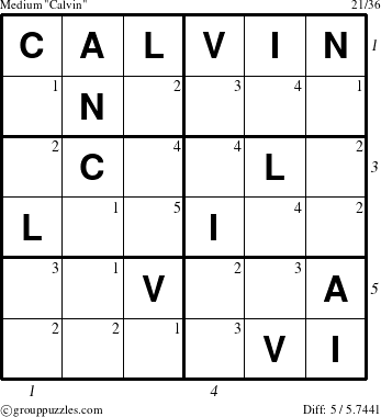 The grouppuzzles.com Medium Calvin puzzle for  with all 5 steps marked