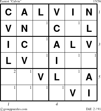 The grouppuzzles.com Easiest Calvin puzzle for , suitable for printing, with all 2 steps marked