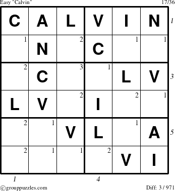 The grouppuzzles.com Easy Calvin puzzle for , suitable for printing, with all 3 steps marked