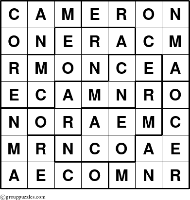 The grouppuzzles.com Answer grid for the Cameron puzzle for 