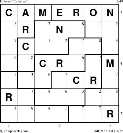 The grouppuzzles.com Difficult Cameron puzzle for  with all 9 steps marked