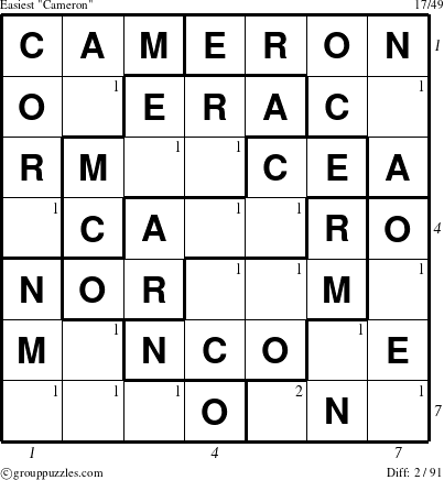 The grouppuzzles.com Easiest Cameron puzzle for , suitable for printing, with all 2 steps marked