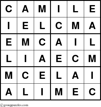 The grouppuzzles.com Answer grid for the Camile puzzle for 