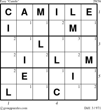 The grouppuzzles.com Easy Camile puzzle for  with all 3 steps marked