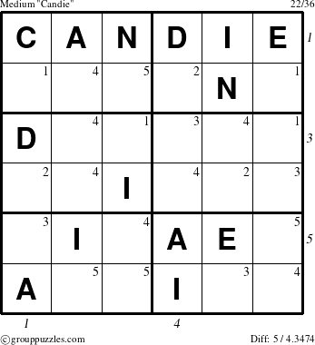 The grouppuzzles.com Medium Candie puzzle for  with all 5 steps marked