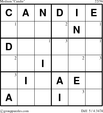 The grouppuzzles.com Medium Candie puzzle for  with the first 3 steps marked