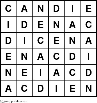 The grouppuzzles.com Answer grid for the Candie puzzle for 
