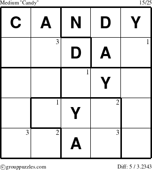 The grouppuzzles.com Medium Candy puzzle for  with the first 3 steps marked